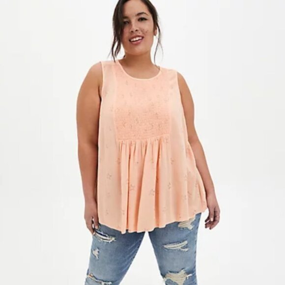 torrid Tops - NWT Torrid Peach Stars Gauze Smocked Tank Size 0X